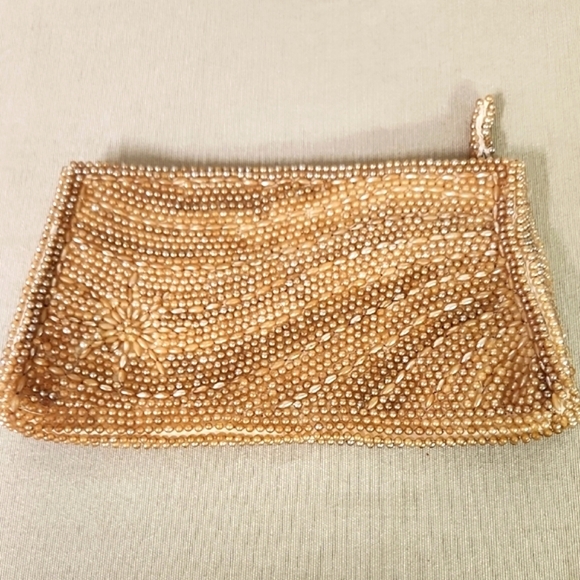 Vintage Handbags - Elegant Beaded Clutch - Gold 1950S made In JAPAN